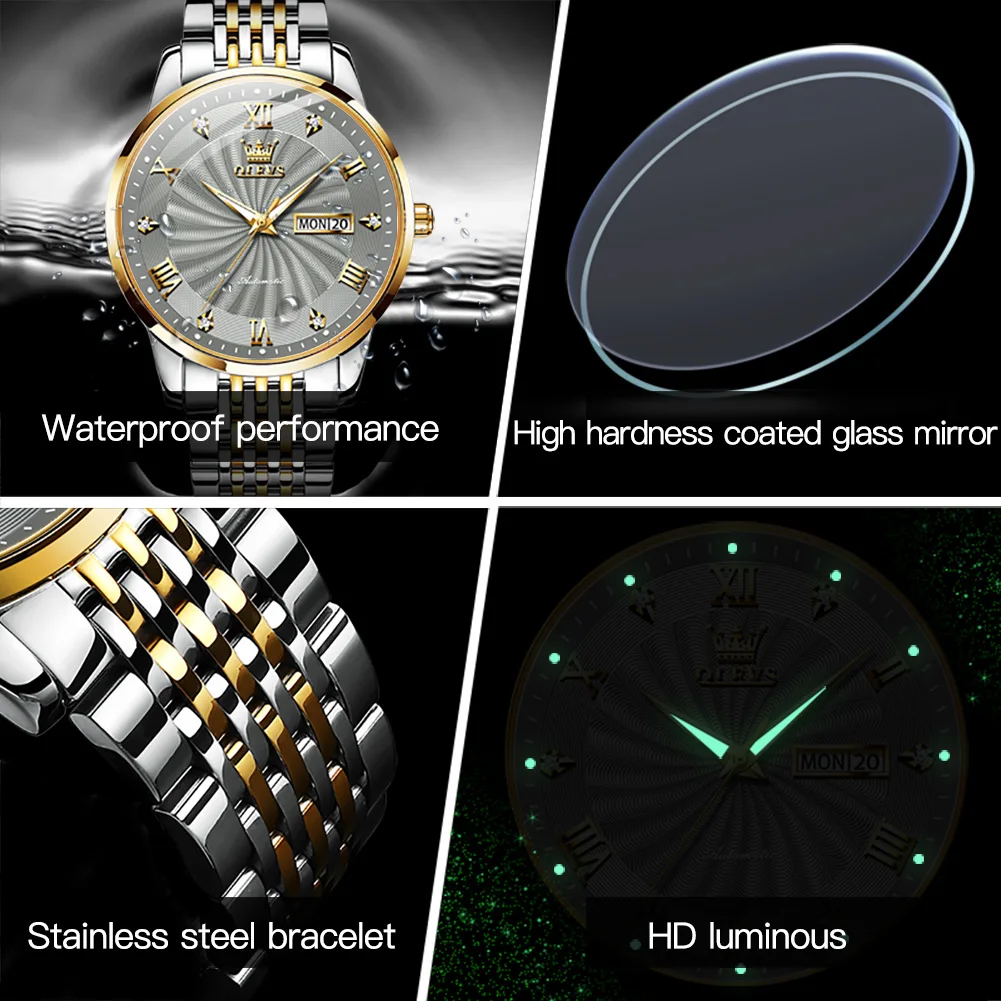 

OLEVS Watch for Men Top Brand Luxury Diamond Men Mechanical Wristwatches Business Casual Gold Automatic Watches Creative Dial