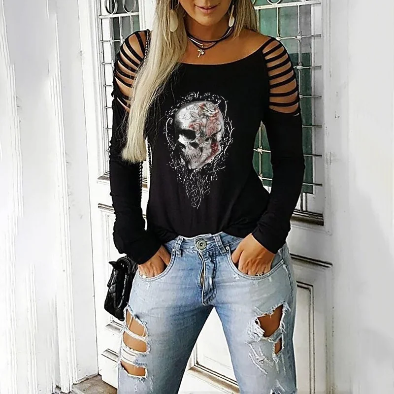 

Plus Size Goth Hollow Out O Neck Long Sleeve T Shirt for Women Summer Spring Clothes Casual Loose Skull Print Tee Top Ladies