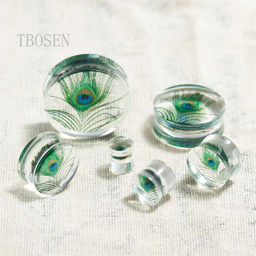 

New Peacock Feather Design Simple Ear Percing Plugs Tunnels Transparent Arylic Ear Gaugus Fashion Gift Body Jewellery 2pcs