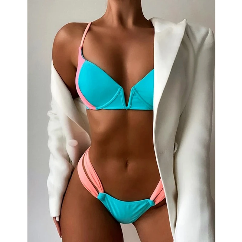 

Mossha Vintage patchwork swimsuit women Underwired push up bikini 2021 High cut swimwear Hollow out beach wear Bathing suit New