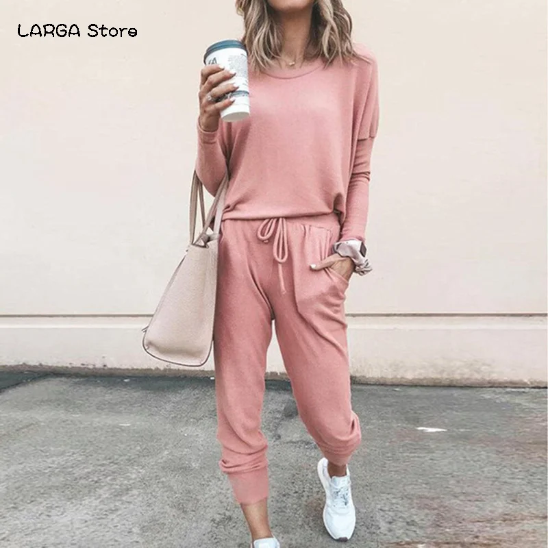 

Women casual solid color 2 piece set long sleeve 2020 new fashion autumn winter sport leisure fashion simple 2 pieces women set