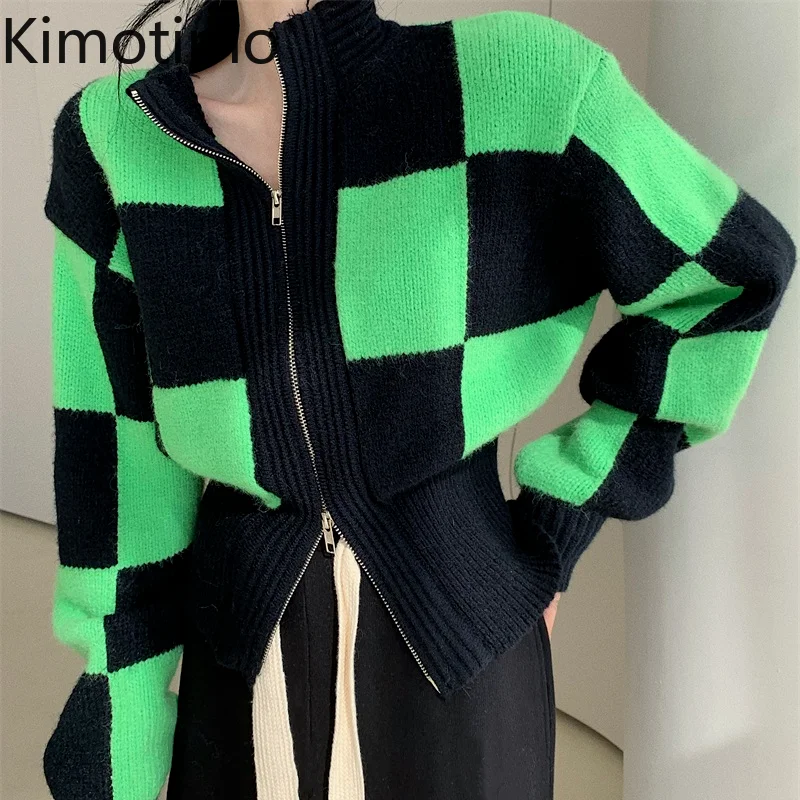 

Kimotimo Plaid Zippers Cardigan Women Korean Chic Long Sleeve Fashion Streetwear 2021 Autumn Winter All-match Cool Knit Sweater