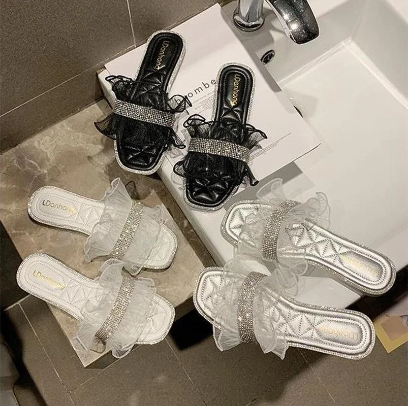 

New Women's Slippers 2021 Mesh Vamp with Rhinestones Embellished Fashion Simple Sweet Wild Open-toed Women's Slippers