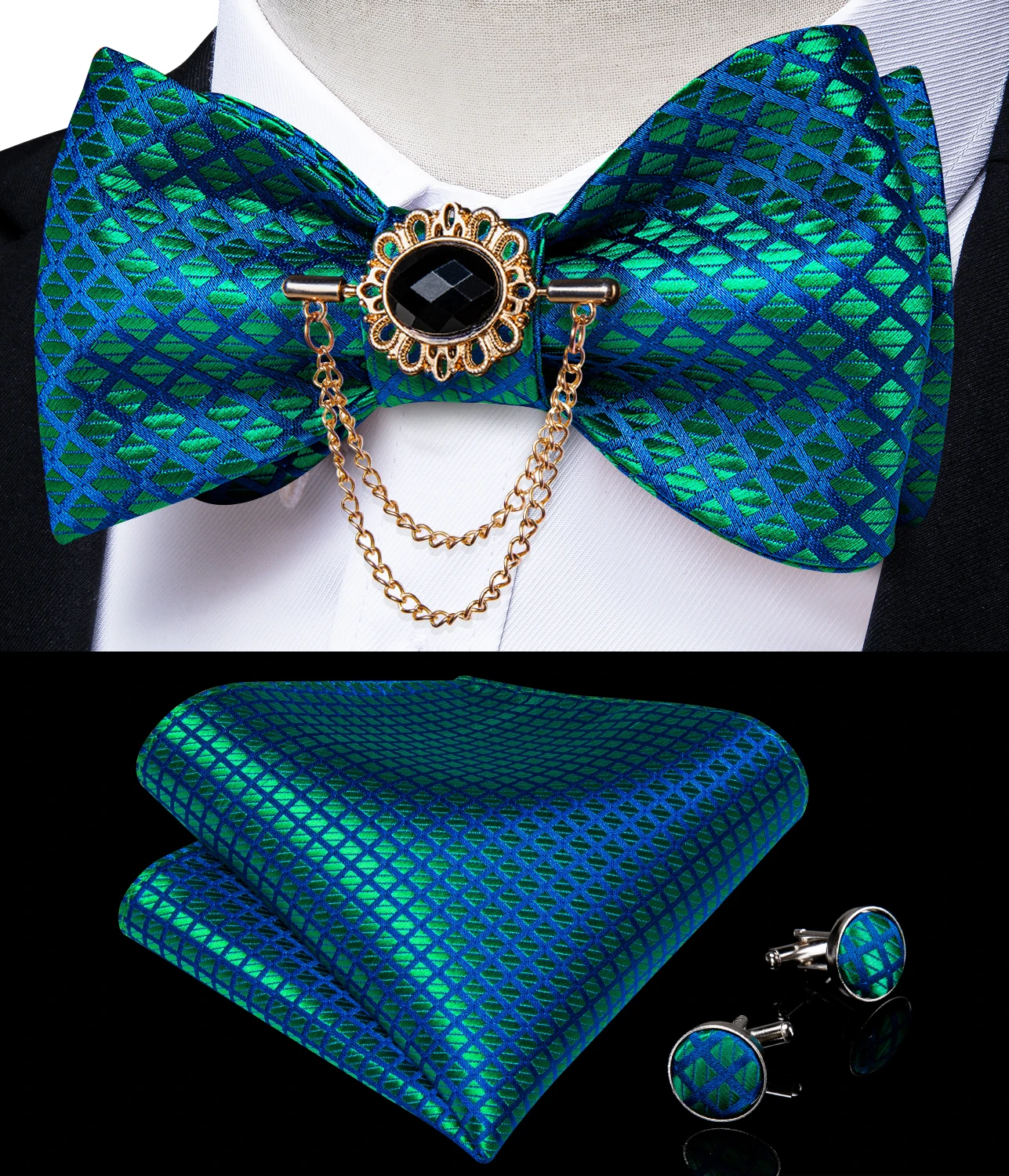 Green Blue Check Silk Woven Men's Bow Tie Self Tie Wedding Party Bow Tie Hanky Brooch Pin Cufflinks Set Men Butterfly DiBanGu plus self tie bow top