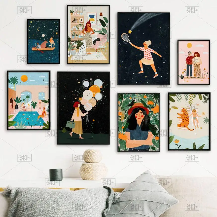 

Abstract Girl Balloon Plant Tiger Dog Life Wall Art Canvas Painting Nordic Posters and Prints Wall Picture for Living Room Decor