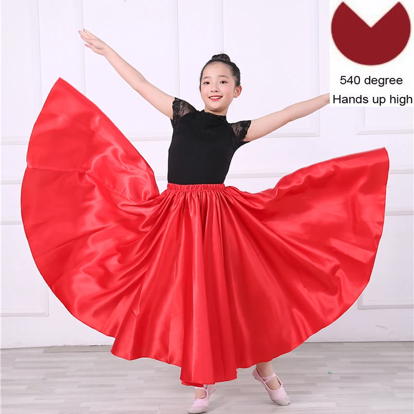 Red 540 degree Атласная, шелковая, гладкая, цыганская, детская, для девочек, для фламенко, юбка для танцев, Восточная Индия, Одежда для танцев, испанские бальные костюмы - Цвет: Red 540 degree