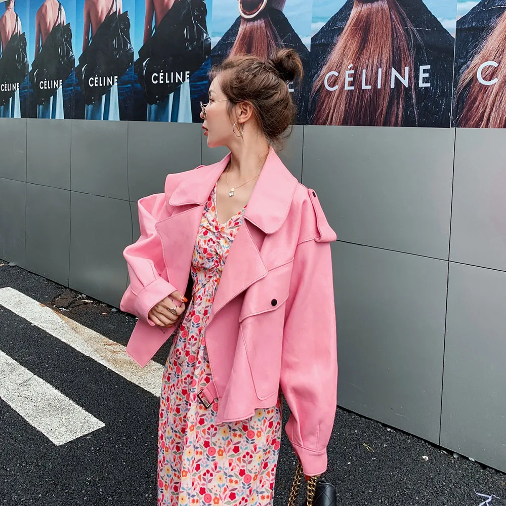 

Pink Leather Jacket Women Loose Soft Vintage Motorcycle Biker Coat Short Pu Leather Coat Female Punk Spring Streetwear Outerwear