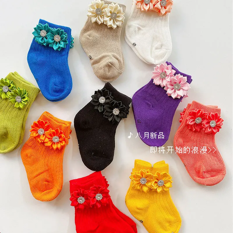 Calcetines con flores para beb&eacute;, oto&ntilde;o e invierno, doble aguja, tira Vertical, de algod&oacute;n, para reci&eacute;n nacidos-1