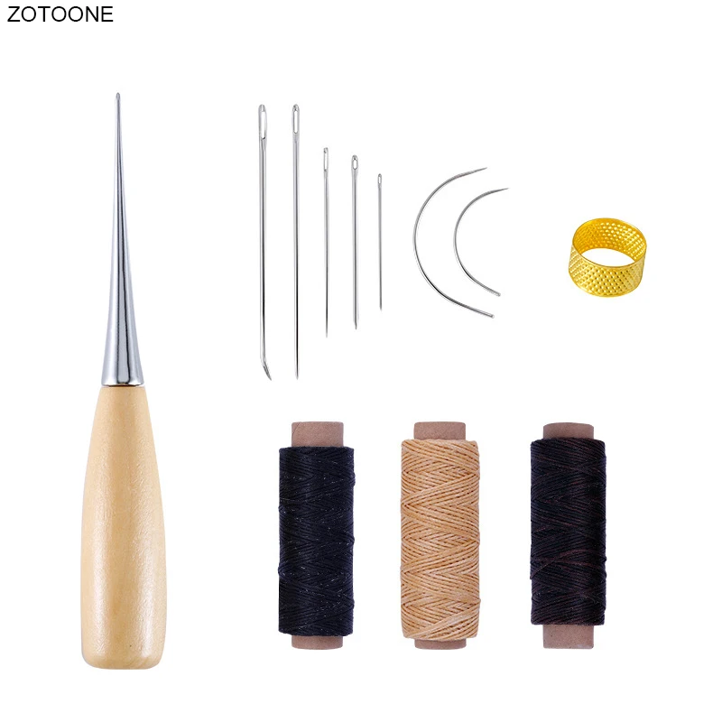 

12pcs/set Handmade Leather Tool Set Hand Sewing Set Sewing Thread Wooden Crochet Curved Needle Thimble Hook Cone DIY Sewing Kit