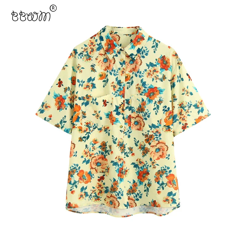 

2020 Women Fashion Pockets Floral Printed Loose Blouses Vintage Short Sleeve Buttons Shirts Female Casual Chic Tops