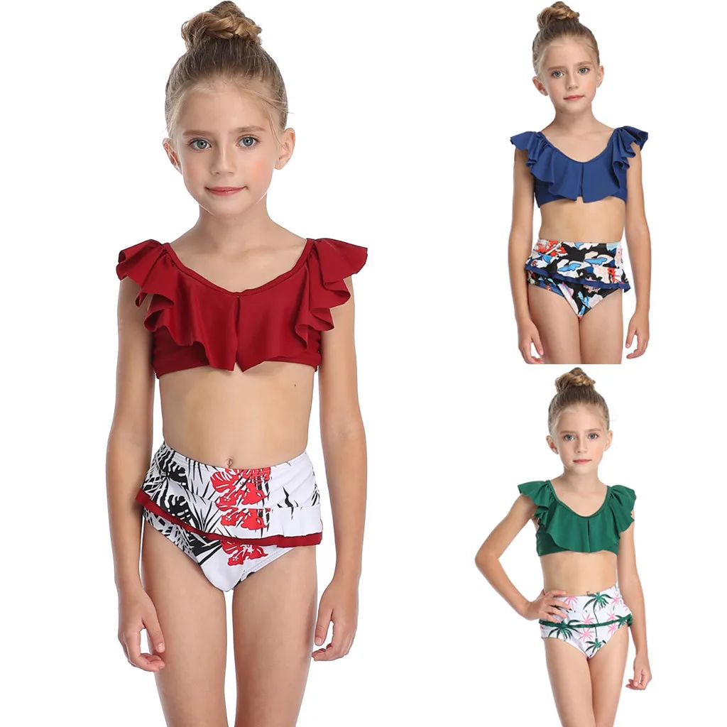 Бикини 2020 купальники для девочек летние с рисунком и оборками комплект из двух