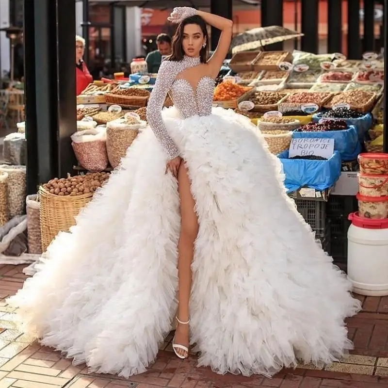 

High Neck Major Beading Wedding Dresses One Shoulder Side Slit Tiered Ruffles Puffy Bottom Draped Bridal Gowns vestidos de noiva