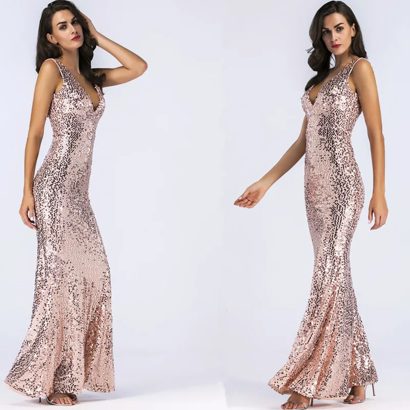 

Shining Sequined Evening Gowns Pink Mermaid Formal Party Dresses Sleeveless Robe De Soiree
