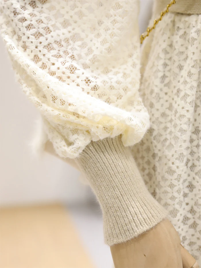 

New Autumn and winter wild Knitted Patchwork Lace Dress Solid Long Sleeve Bow Lace-up Lace Bottoming Party Dress Women