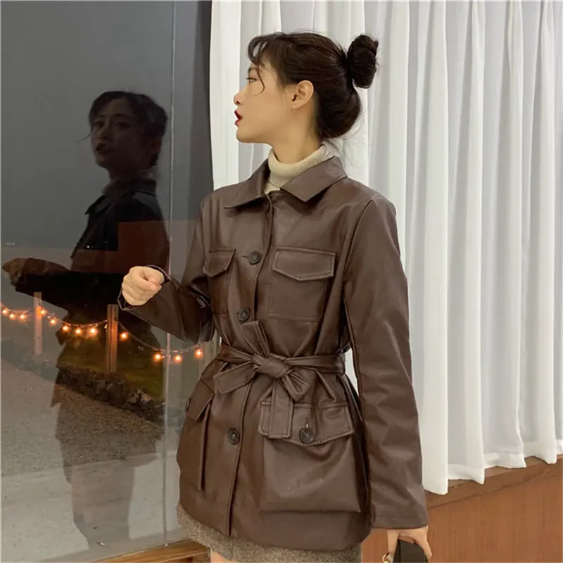 

Chic Autumn Retro Brief Cool PU Faux Leather Sashes All-Match Vintage Locomotive Girl Office Lady Fashion Coats Outwear