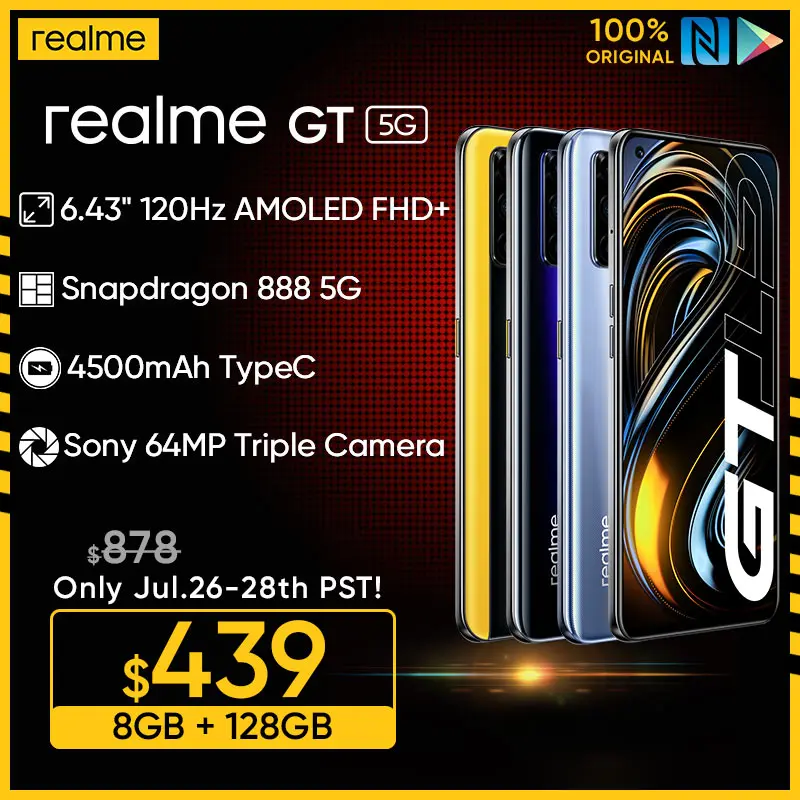 Перейти на Алиэкспресс и купить Realme GT глобальная версия, док-станция Qualcomm Snapdragon 888 5G процессор 65 Вт SuperDart заряда 120Hz обновленный 6,43 дюймFHD + безрамочный экран AMOLED 8 ГБ 128 NFC