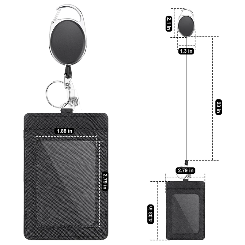 2 x Badge Holders and Heavy Duty Retractable Reel Clips Set Vertical PU Leather Clear ID Window Card Slots |