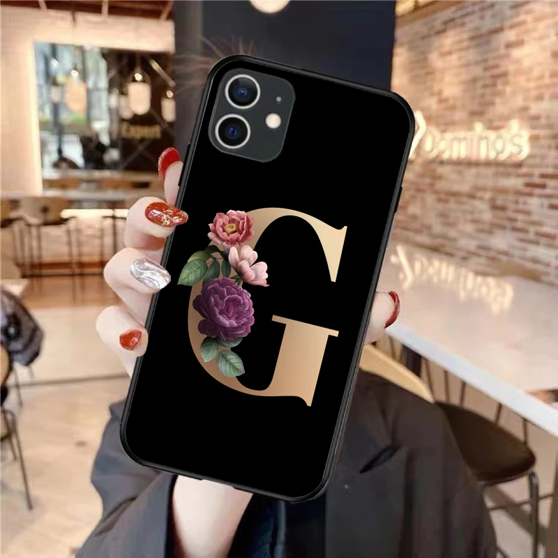 

Gold Letter Flower Fashion Phone Case For iPhone 12 11Pro Xs Max Xr 12Mini 26 English Letters Custom Combination Silicone Cover