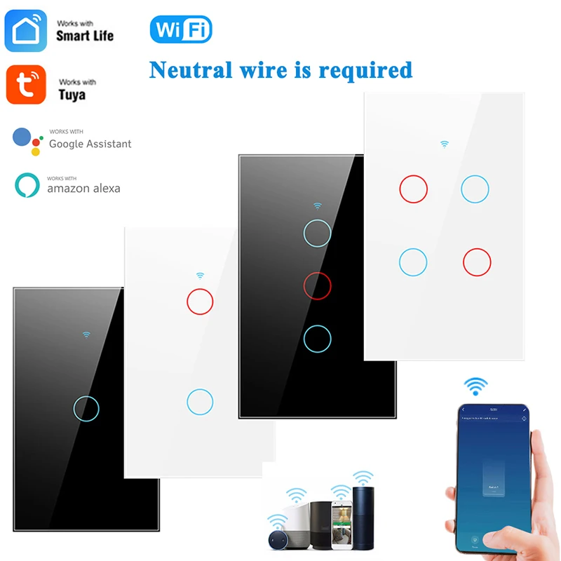 

Умный сенсорный выключатель TUYA, 1/2/3/4 клавиши, Wi-Fi, настенная кнопка для домашсветильник, 120*72 мм, нейтральный провод для Alexa и Google Home Assistant