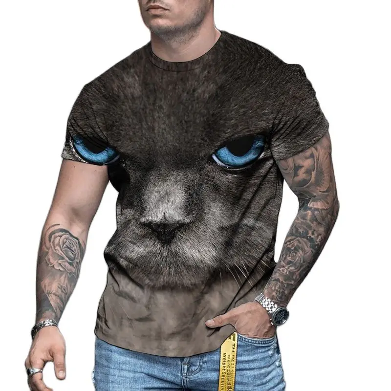 Футболка мужская оверсайз с круглым вырезом модная тенниска 3D рисунком кота