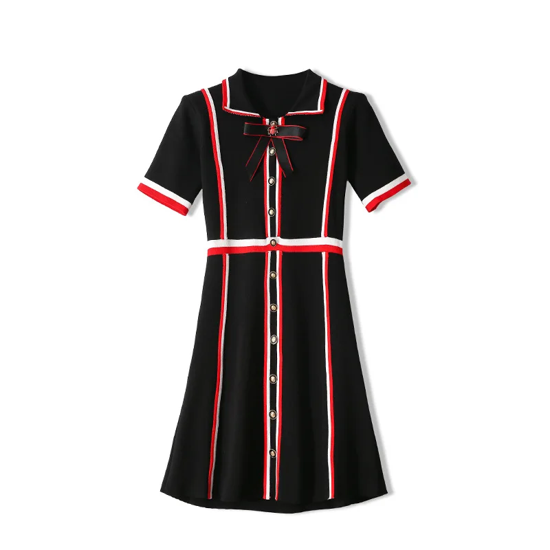 

Luxury Jacquard Summer Elegant Dress Women Contrast Color Striped Edge Short Sleeve Lapel Bow Buttons Dress Knitted Lady Dresses