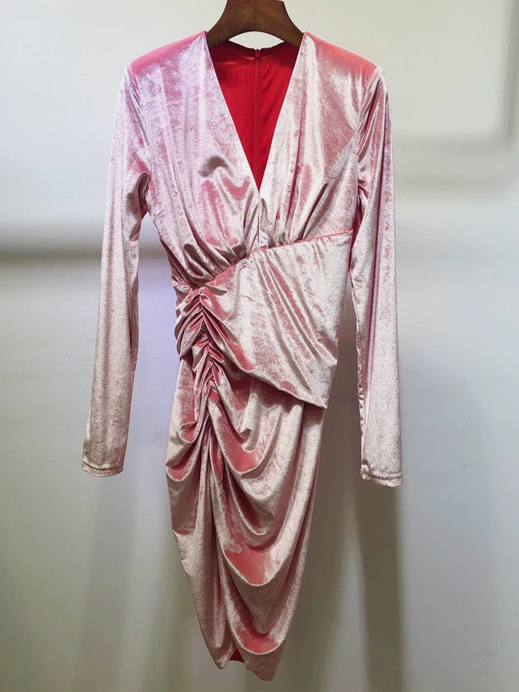 

French Sexy Deep V-Neck High Waist Bag Hip Folds Irregular Slit Long Sleeve Velvet Tight Dress Women 2020 Winter New Pink/Black