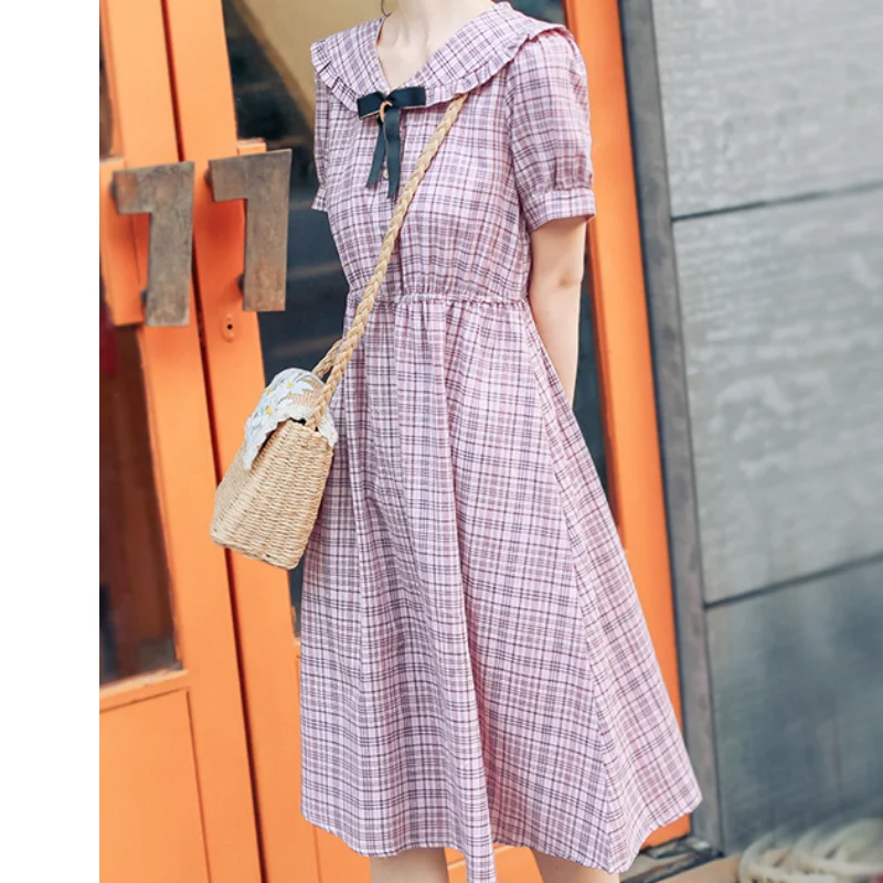 

2021 Women Plaid Dress Mori Girl Summer Peter Pan Collar Light Purple Apricot Bow Dress Cute Kawaii Sweet Japanese Midi Dresses