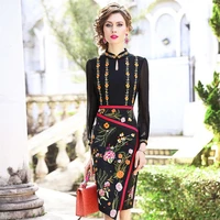 high quality women vintage embroidery flowers runway party dress ladies slim bodycon office work pencil dresses
