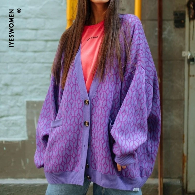 

IYESWOMEN 2021 Autumn Winter Oversized Cardigan Women High Street Knitted Long Sleeve Sweater Loose Plaid Vintage Overcoat