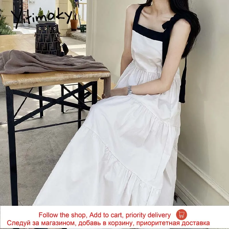

Yitimoky Simple Women Dresses Square Collar Sleeveless Spaghetti Strap 2021 Summer Fashion Korean New Bandge Bow Long Dress