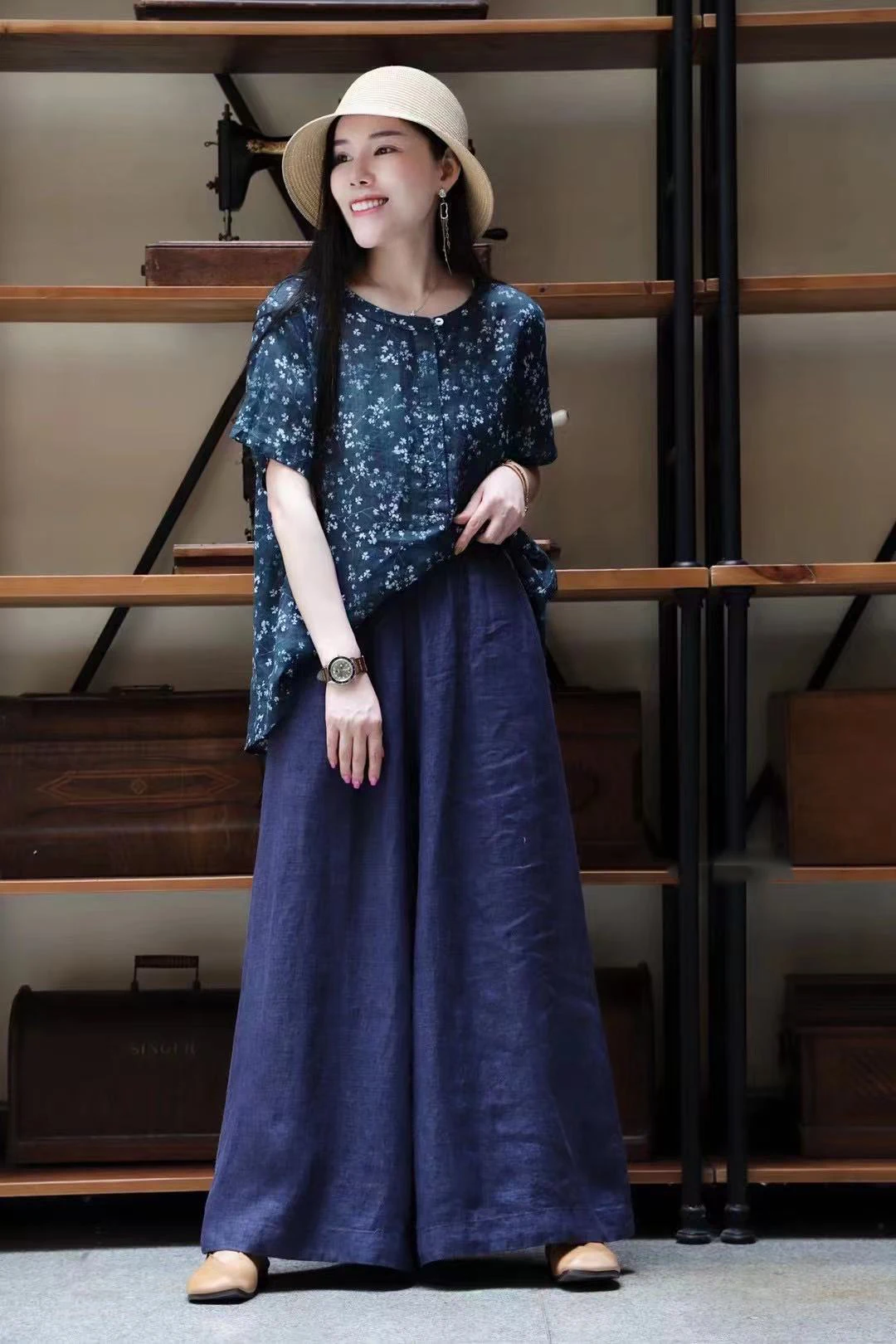 

PA0027 Minimalist Linen Elastic Mid Waist Wide-Legged Pants Womens Casual Solid Loose Trousers With Pockets pantalones de mujer