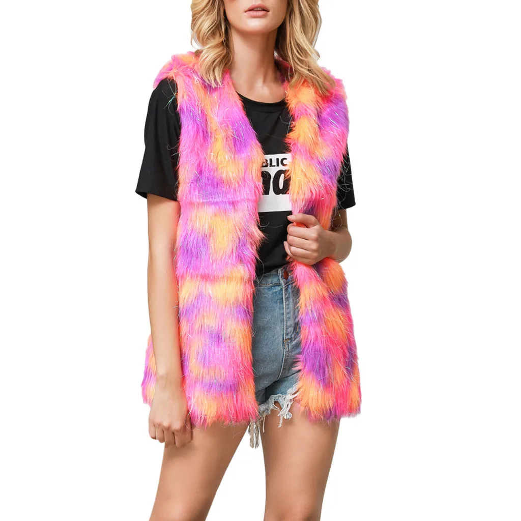 

2020 Furry Faux Fur Coat Women Fluffy Warm Long Sleeve Female Outerwear Autumn Winter Sleeveless Button Pocket Vest Coat 2020