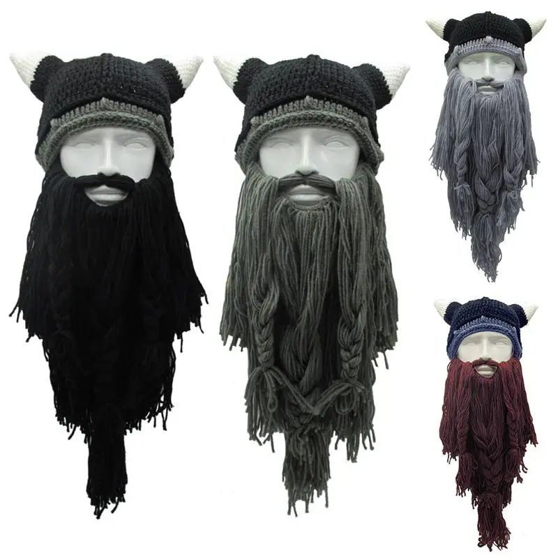 

Adult Crazy Funny Halloween Cosplay Knitted Viking Beard Horn Hat Ski Mask Barbarian Vagabond Vintage Beanie Cap Winter Warmer