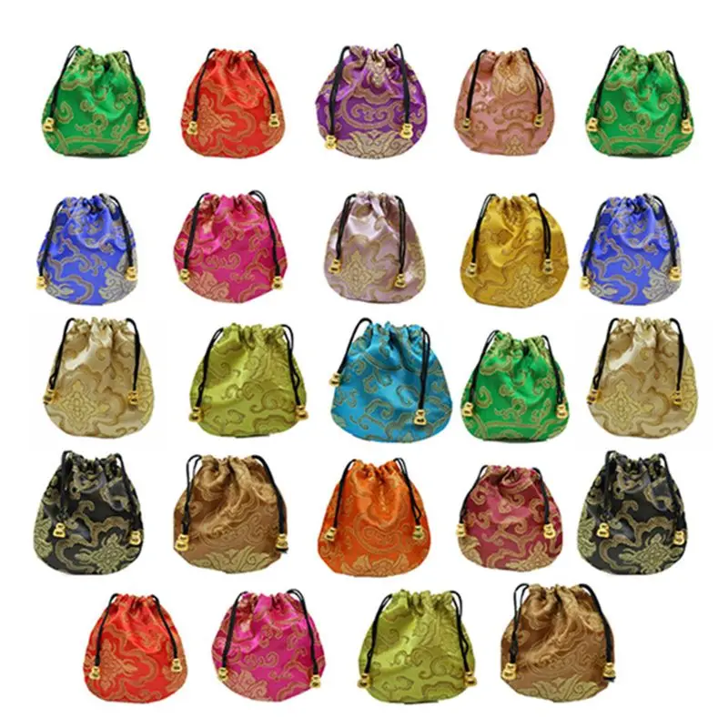 

24pcs Silk Brocade Jewelry Pouch Bag Small Satin Coin Purse Chinese Brocade Embroidered Drawstring Gift Bag for Ring / P15D
