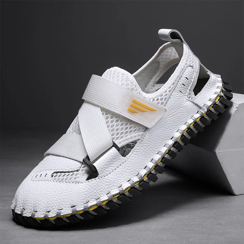 

Men's Genuine Leather Sandals Summer New Men's Stitching Casual Fashion Beach Shoes Mesh Breathable Retro Large Size Men's Shoes