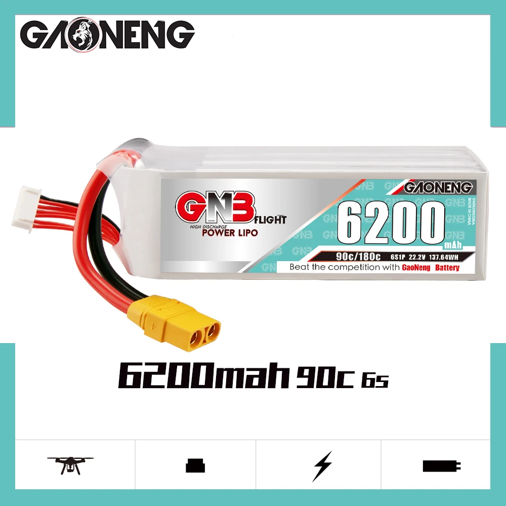 

Gaoneng GNB 6S 6200mAh 6S1P 22.2V 90C/180C Lipo Battery With XT60 XT90S EC5 Plug For FPV UAV RC Helicopter RC Car Boat RC Parts