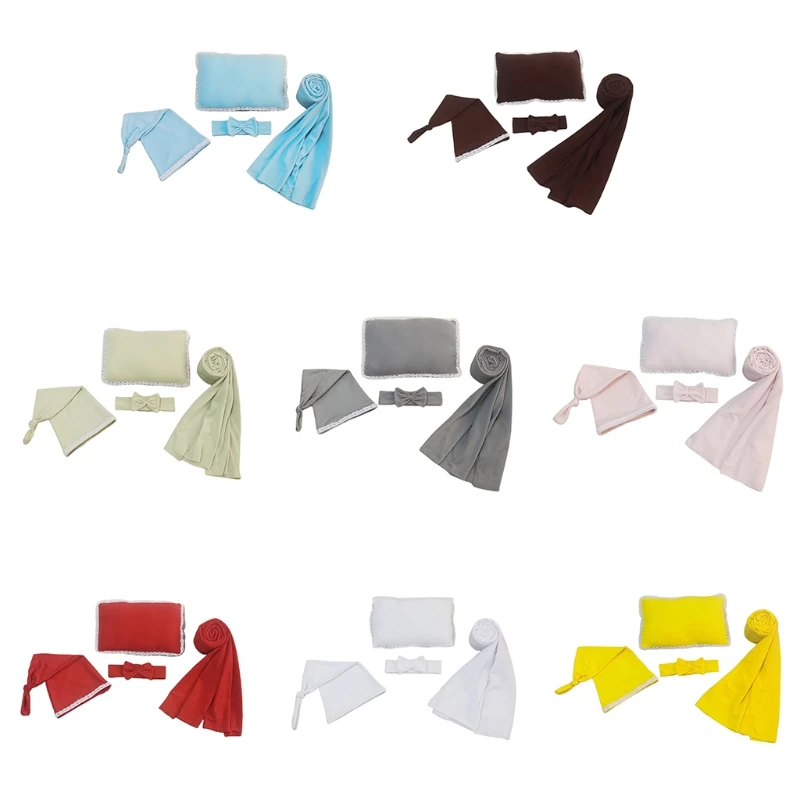 

Newborn Baby 4Pcs Photography Props Bowknot Headband Knotted Hat Swaddle Blanket Wrap Pillow Cushion Infant Outfits Costume Gift