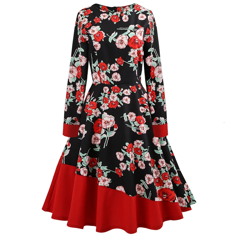 Long Sleeve Spring Autumn Winter Dress Floral Lemon Print Patchwork Black Blue White Swing Retro 50s Vintage Dresses | Женская одежда