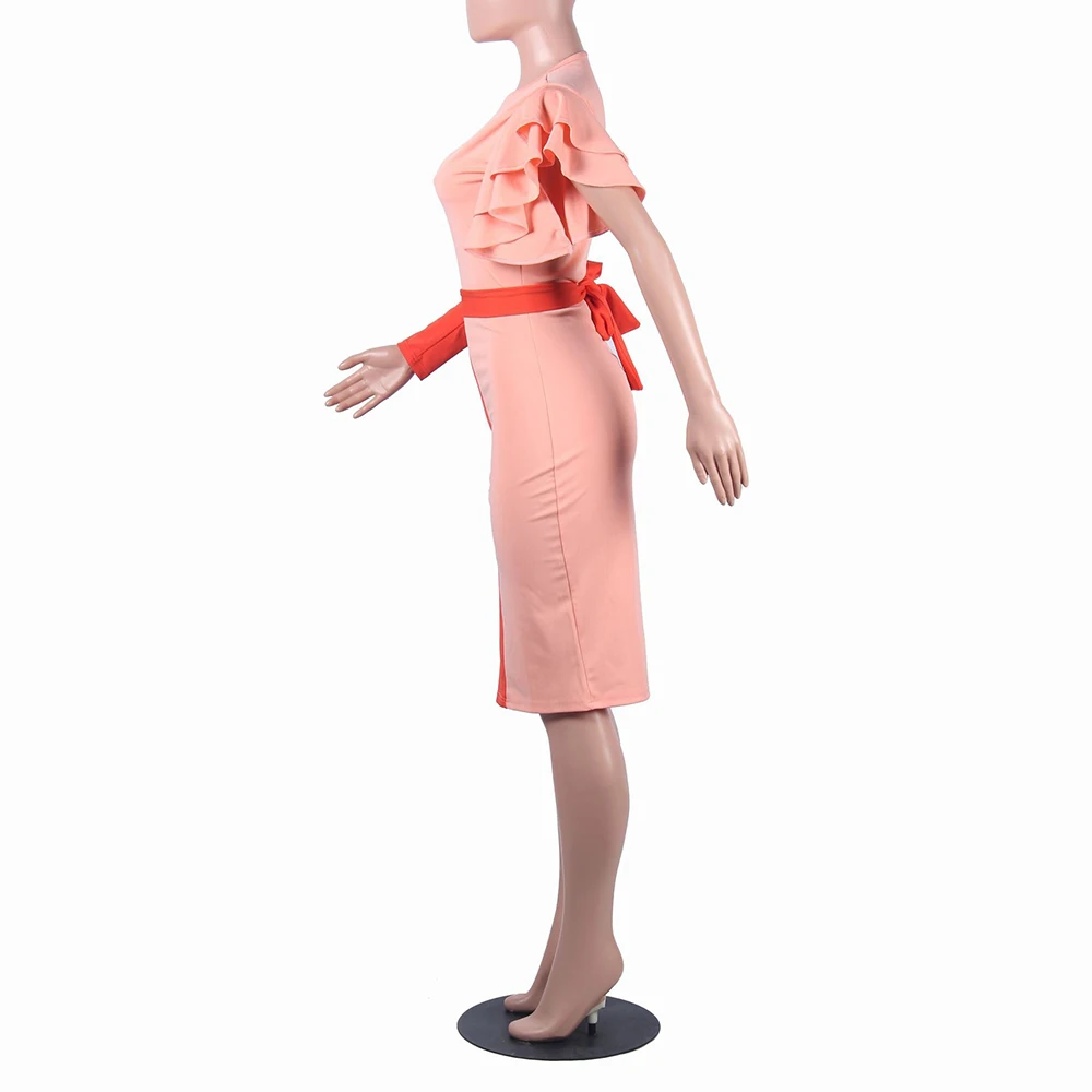 Женское облегающее платье с оборками оранжевое в африканском стиле элегантное