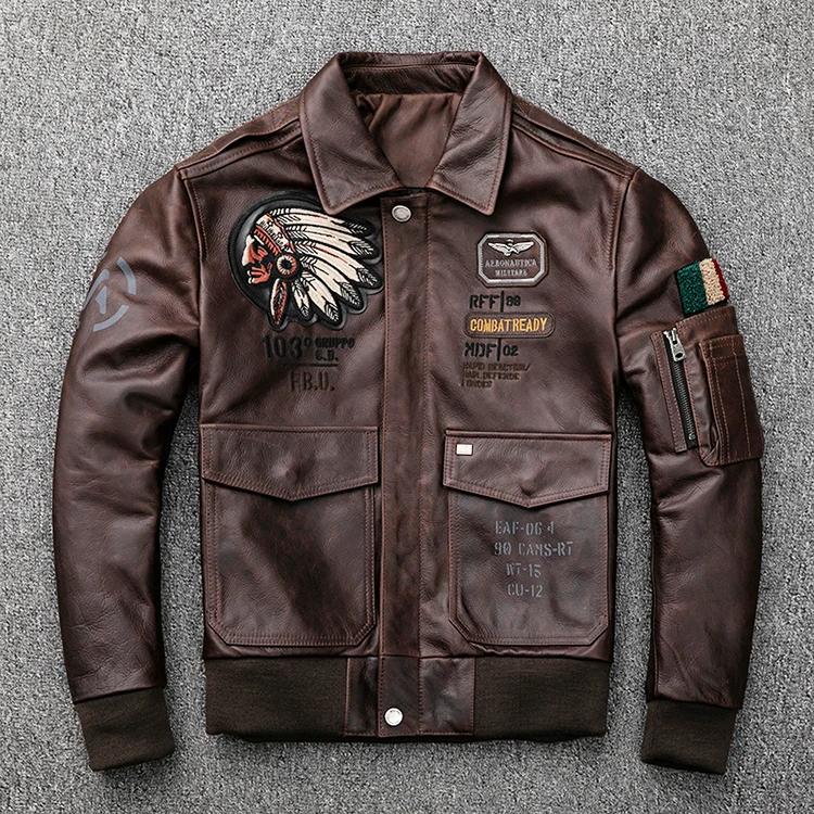 

YR!Free shipping.Vintage bomber leather jacket.horsehide brown Oil wax horsehide coat,Indian style genuine leather clothing