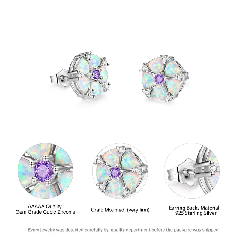 

Luxury Female White Opal Stud Earrings Classic Silver Color Small Earrings For Women Charm Purple Crystal Wedding Earrings