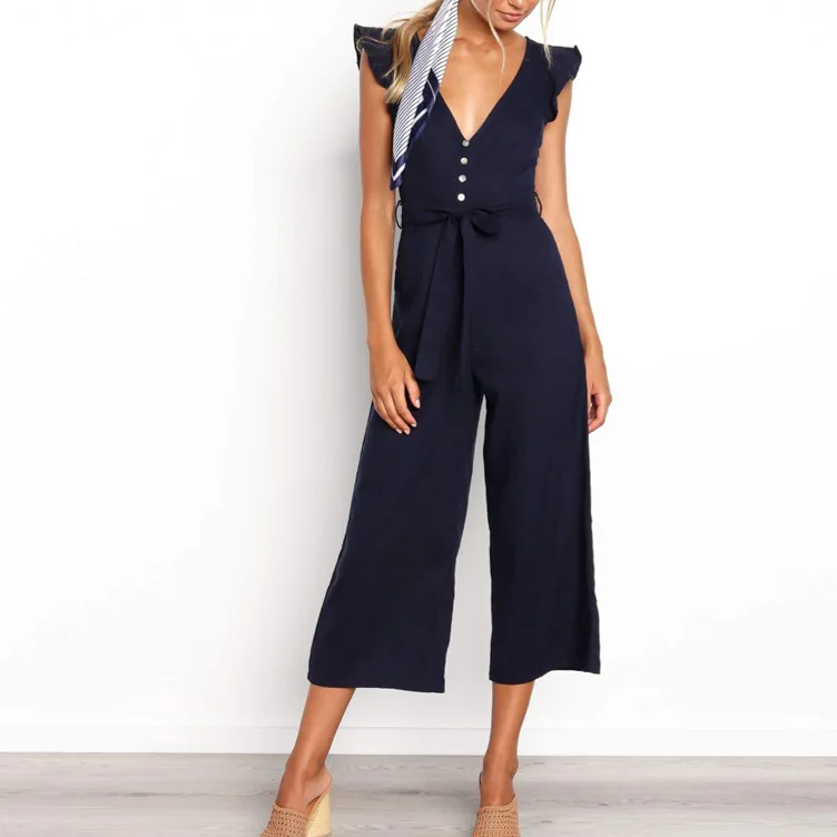 

2021 new deep V button jumpsuit cropped pants punk pants sweat pants women