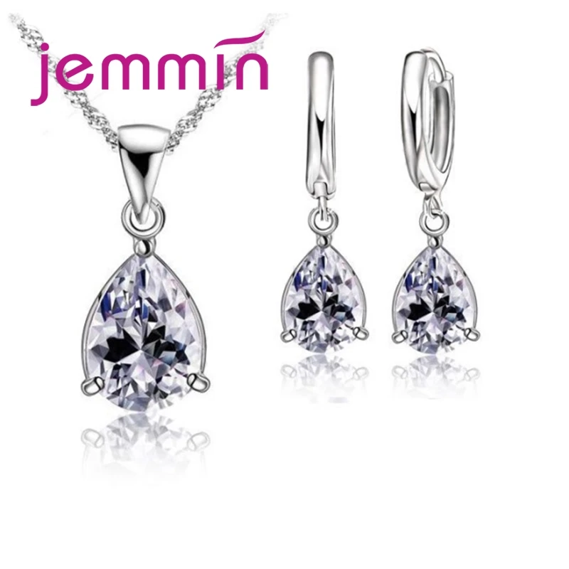 Hot Sale Jewelry Sets for Women Brides S925 Sterling Silver White Purple Zircon Stone Water Drop Pendant Necklace/Hoop Earrings | Украшения