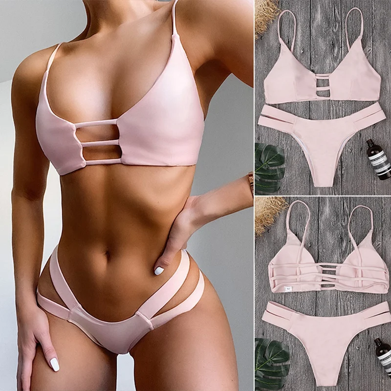 

Solid Sexy Bikinis Low Waist Bikini Straps Hollow Out Swimsuit Female Swimwear