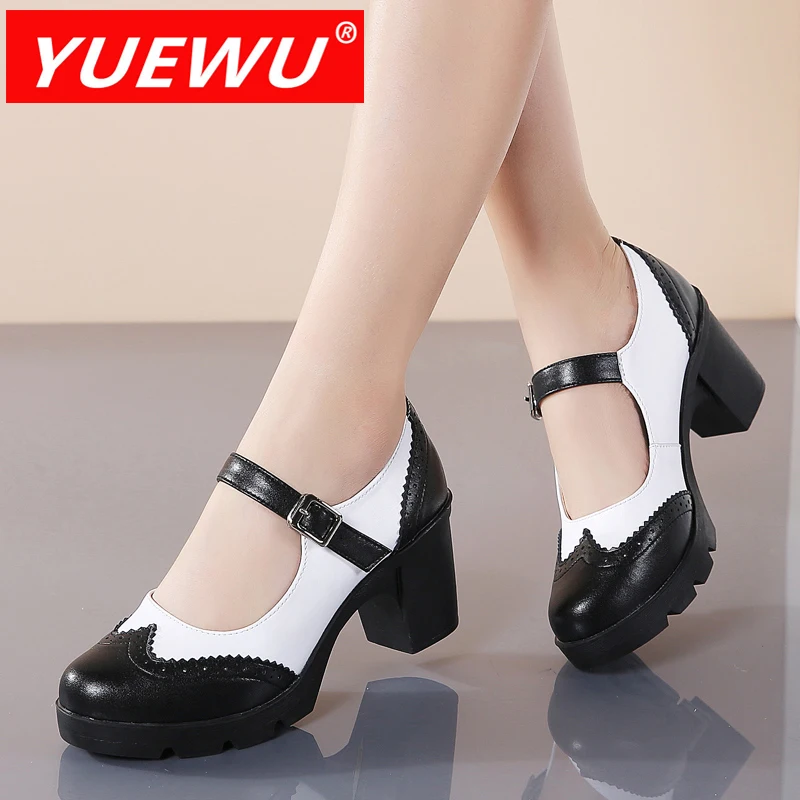

Туфли YUEWU женские из натуральной кожи, телесные, с закрытым носком, на толстом каблуке, Универсальная Ретро обувь Мэри Джейн, большие размеры