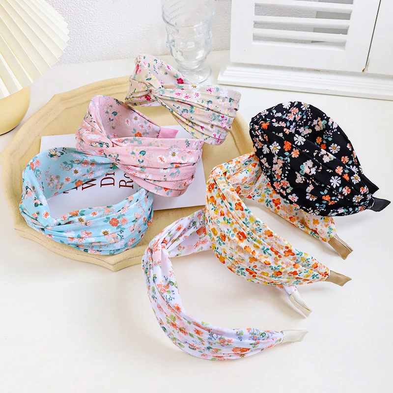

Fashion Elegant Flower Pattern Hair Hoop Girls Hair Accessories Classic Small Floral Headwear Knotted Headbands Cross Knot