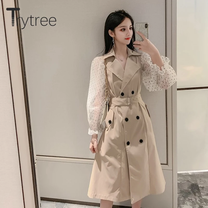 Осеннее женское повседневное пальто Trytree двубортный офисный Тренч в горошек с