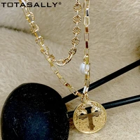 totasally hip hop double chains round hollow cross pendants necklaces golden style womens chain necklace jewelry lady gift