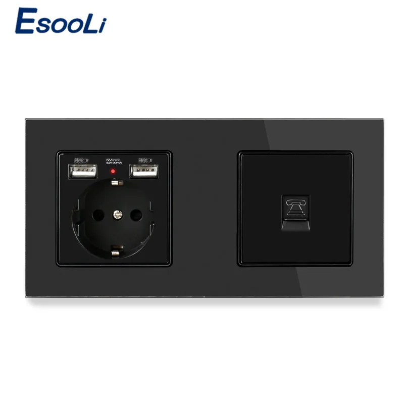 Электрическая розетка Esooli электрическая из закаленного стекла 2 разъема USB + 1