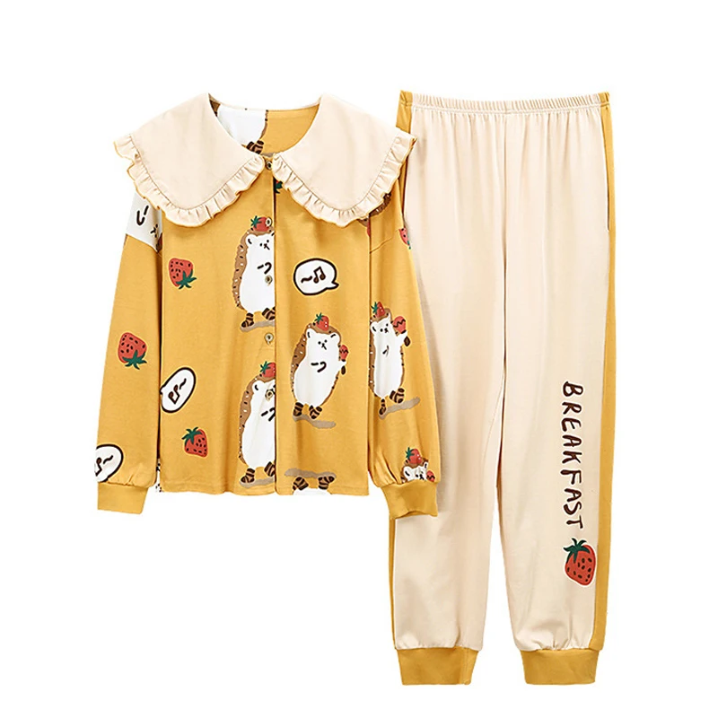 

Women Spring Pajamas Cartoon Cute Cotton Sleepwear Pijama Long Sleeve Home Suit Single-breasted Female Homewear Sleep Top
